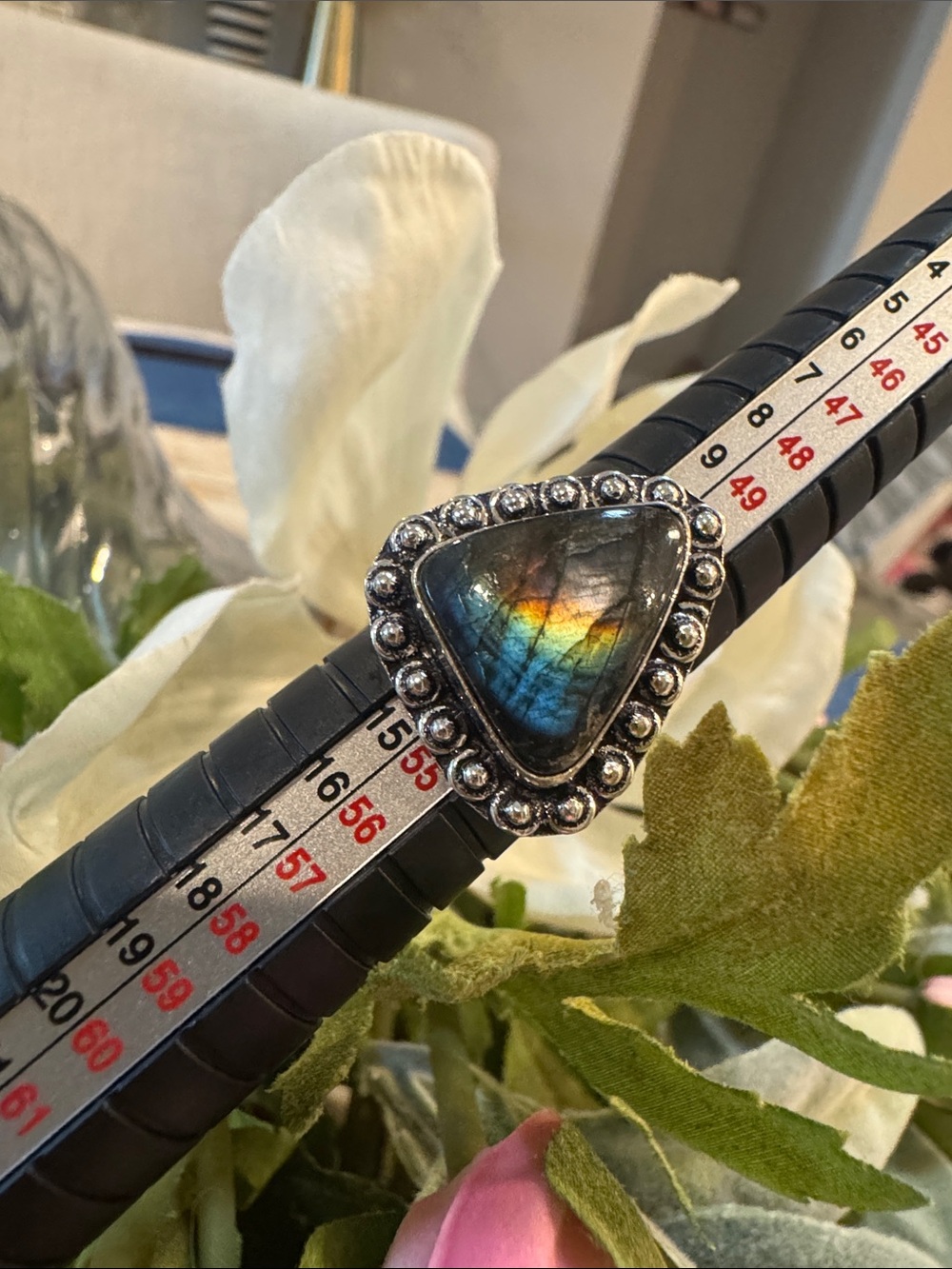 VTG Triangular Labradorite Statement Ring with Beaded Silver Setting